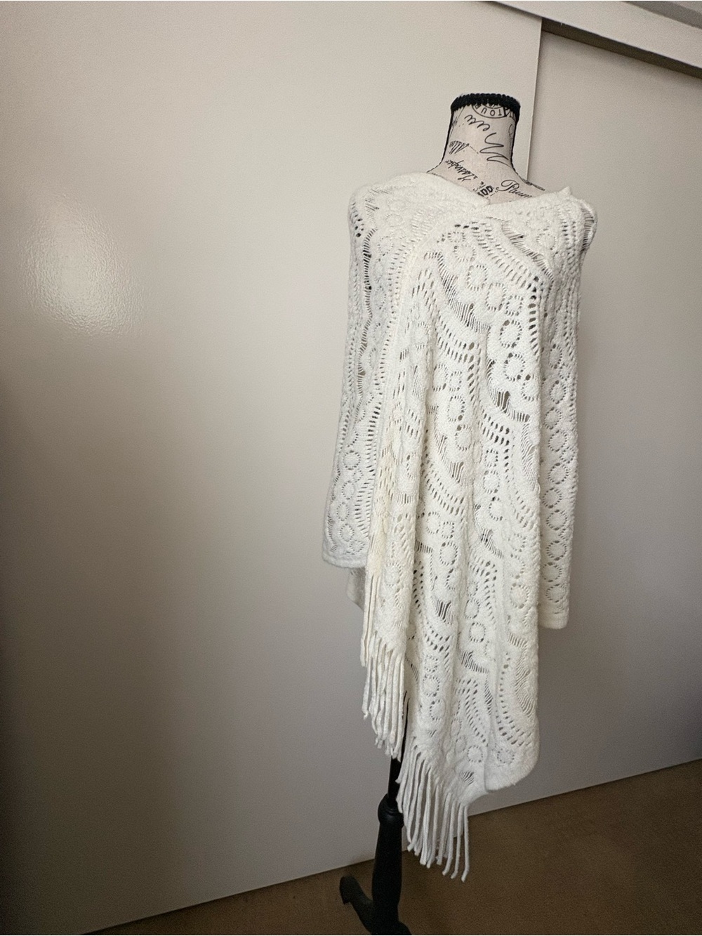 Dress Barn Ivory Crochet Fringe Poncho